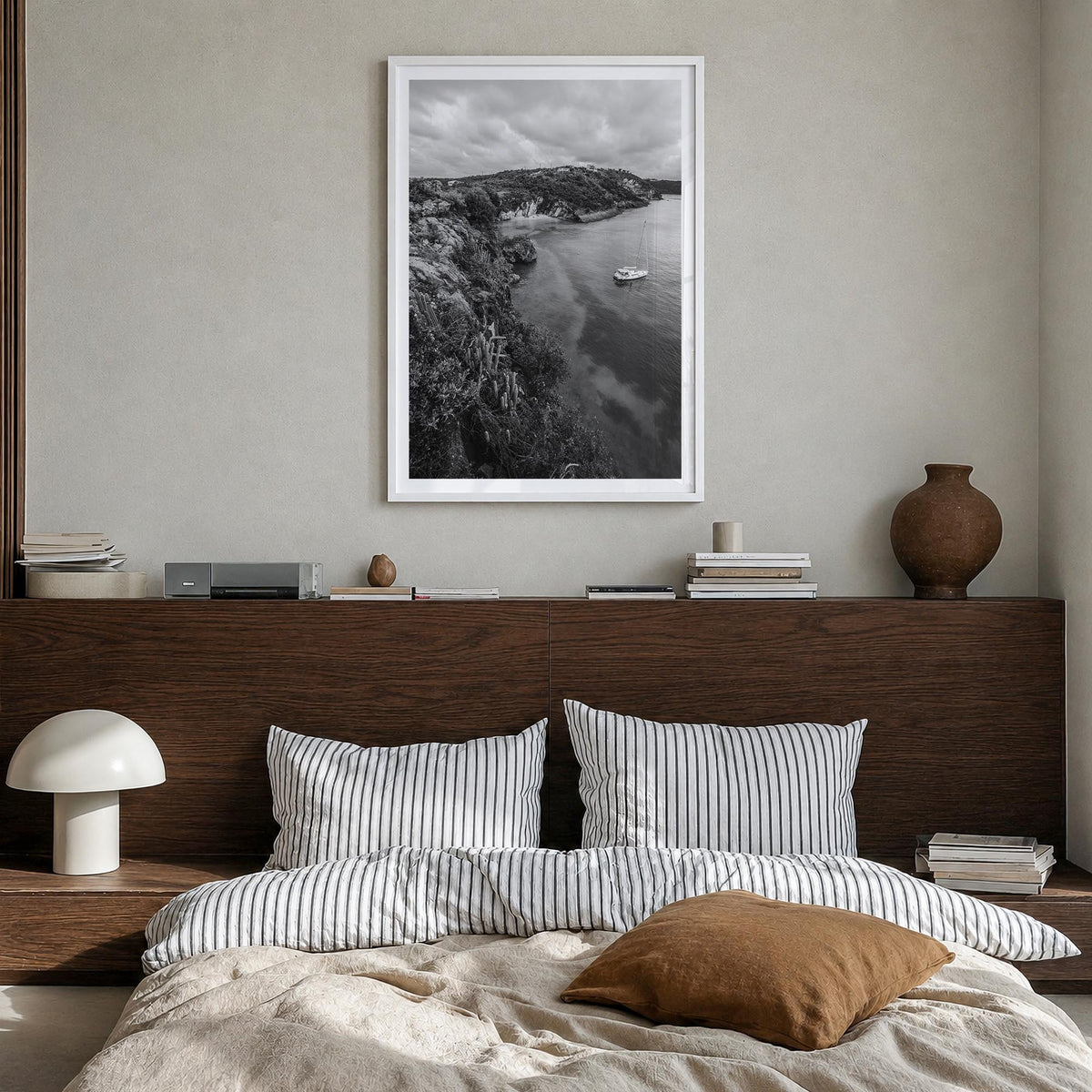 Anguilla no. 1 black & white photo poster of Caribbean – vertical wall art in white wood frame with white border, hanging on 