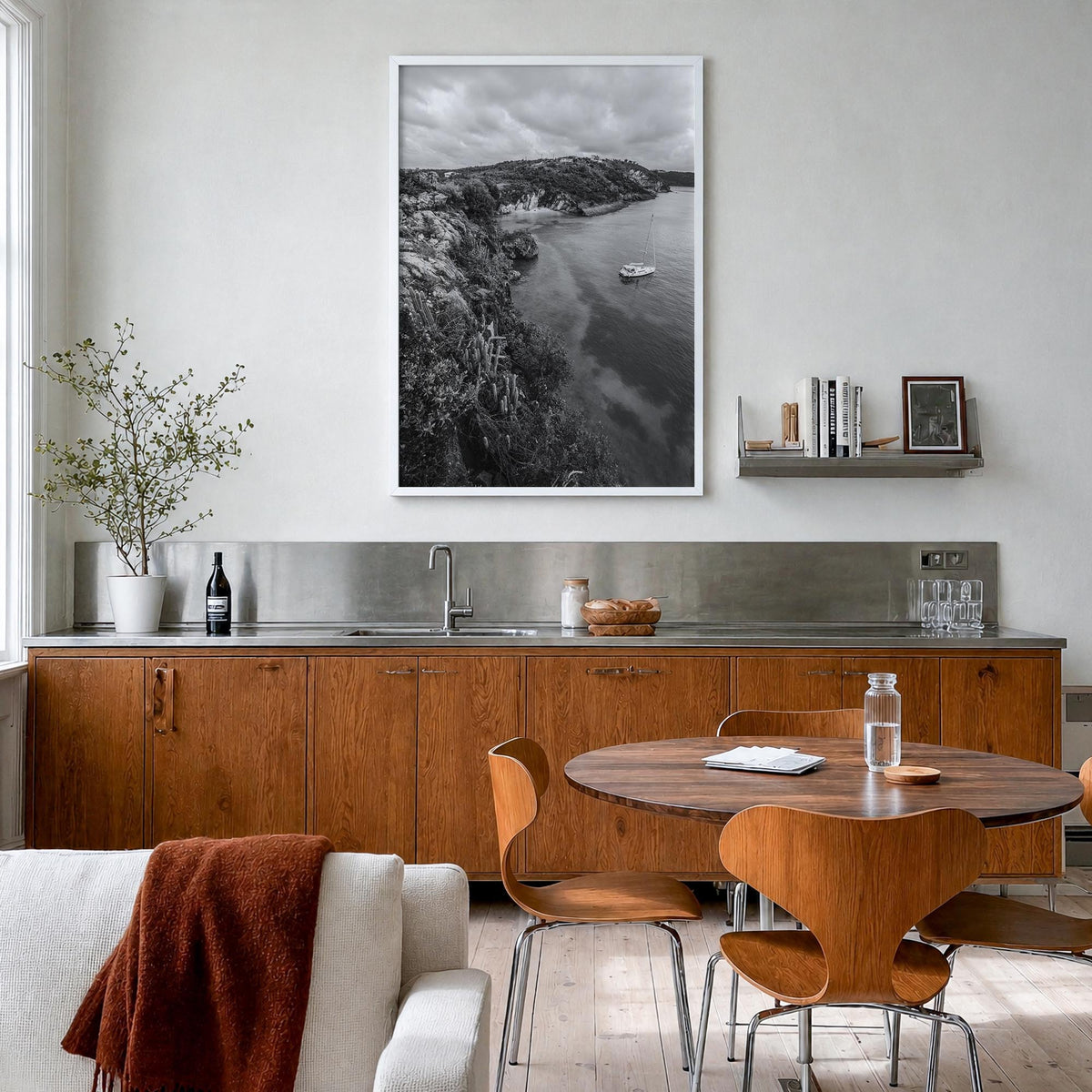 Anguilla no. 1 black & white photo poster of Caribbean – vertical wall art in white wood frame, hanging on wall