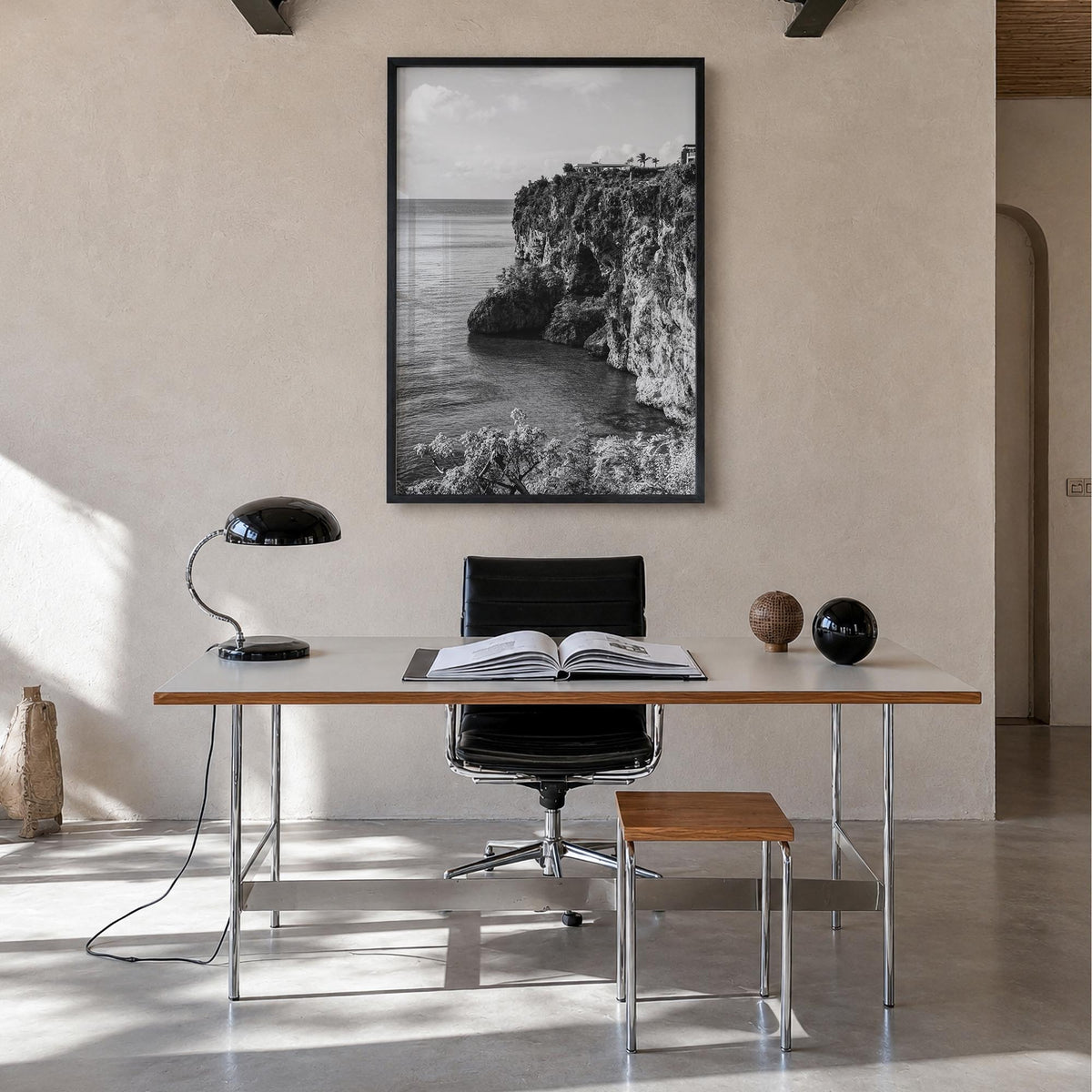 Anguilla no. 2 black & white photo poster of Caribbean – vertical wall art in black wood frame, hanging on wall