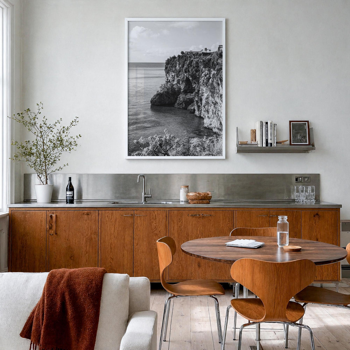 Anguilla no. 2 black & white photo poster of Caribbean – vertical wall art in white wood frame, hanging on wall