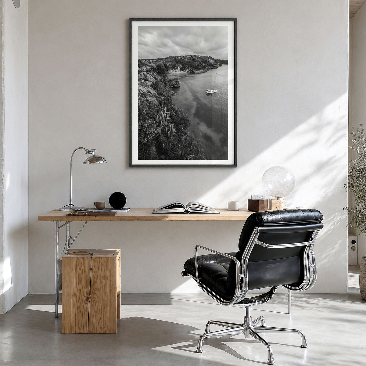 Anguilla Photo No 1 Poster in a black wood frame, hanging in a bright home office, white border
