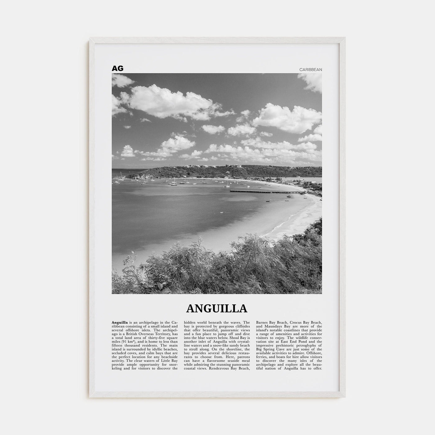 Anguilla Poster White Wood / 8x12 in Nbourhood Travel B&W Poster