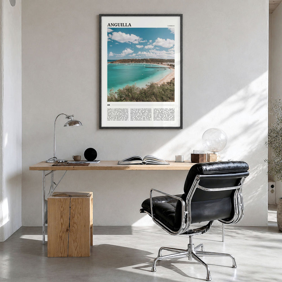 Anguilla Travel Poster in a black wood frame, hanging in a bright home office