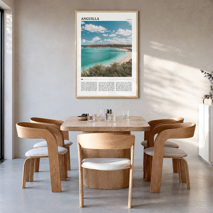 Anguilla Travel Poster in a natural wood frame, hanging in a dining room