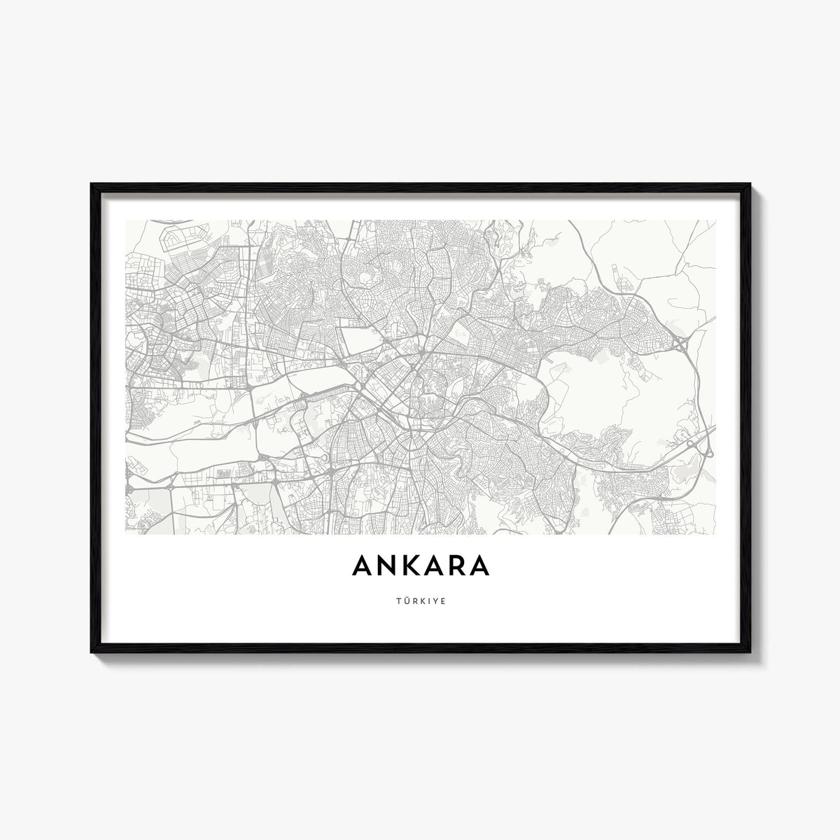 Ankara black & white map poster of Türkiye – horizontal wall art, unframed print shown in interior mockup