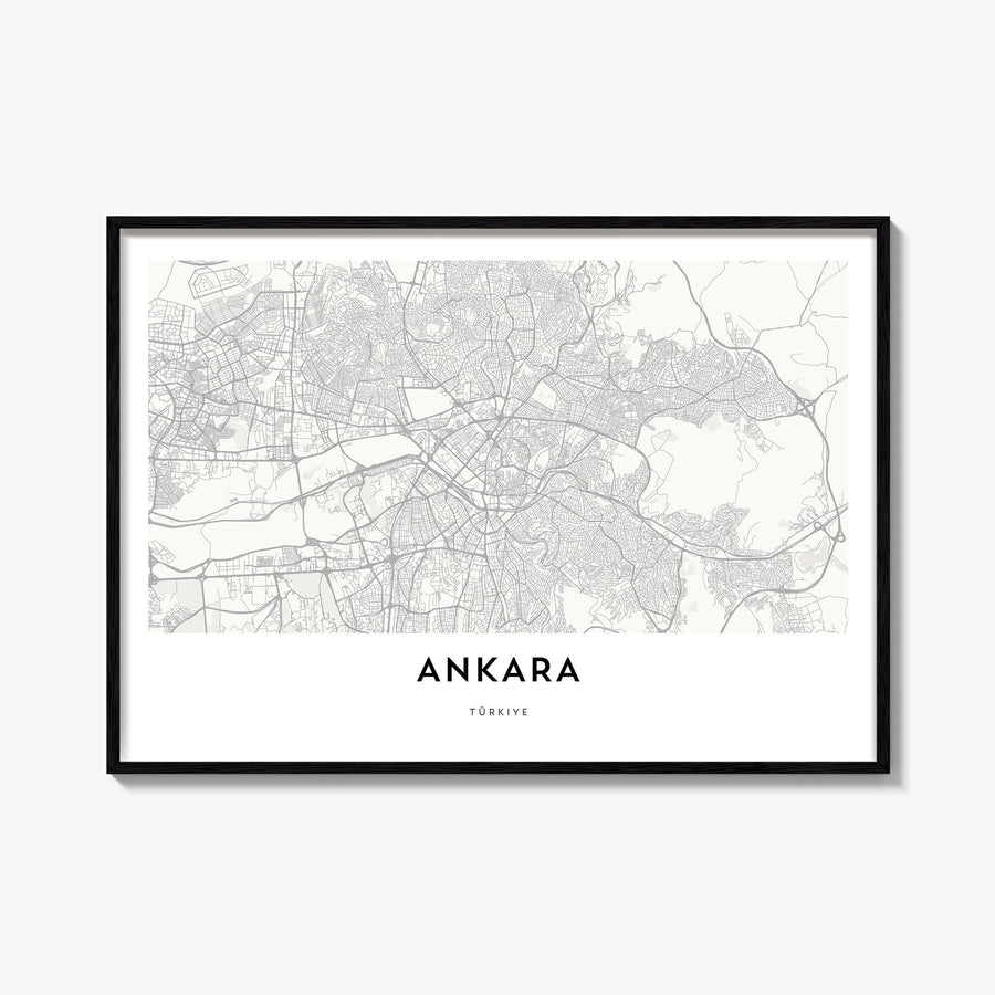 Ankara black & white map poster of Türkiye – horizontal wall art, unframed print shown in interior mockup