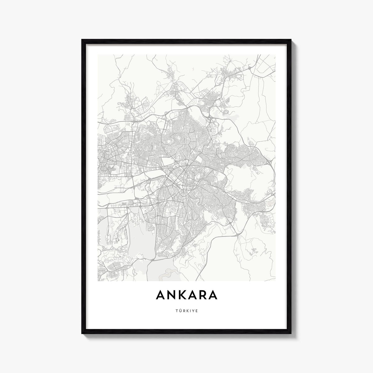 Ankara black & white map poster of Türkiye – vertical wall art, unframed print shown in interior mockup
