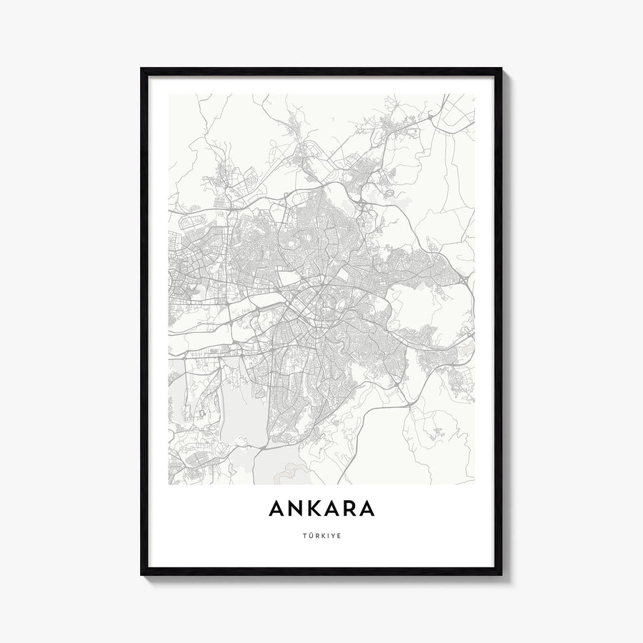 Ankara black & white map poster of Türkiye – vertical wall art, unframed print shown in interior mockup