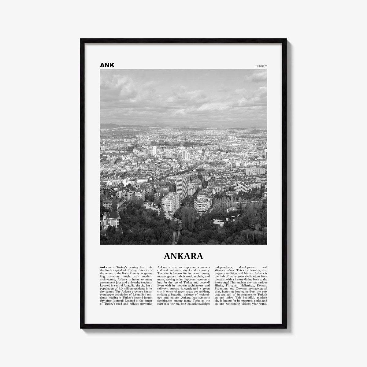 Ankara black & white newspaper poster of Türkiye – vertical wall art, unframed print shown in interior mockup