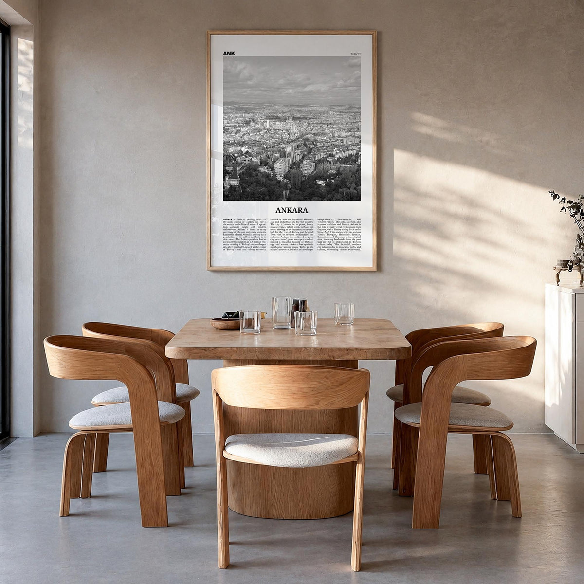 Ankara black & white newspaper poster of Türkiye – vertical wall art in natural wood frame, hanging on wall