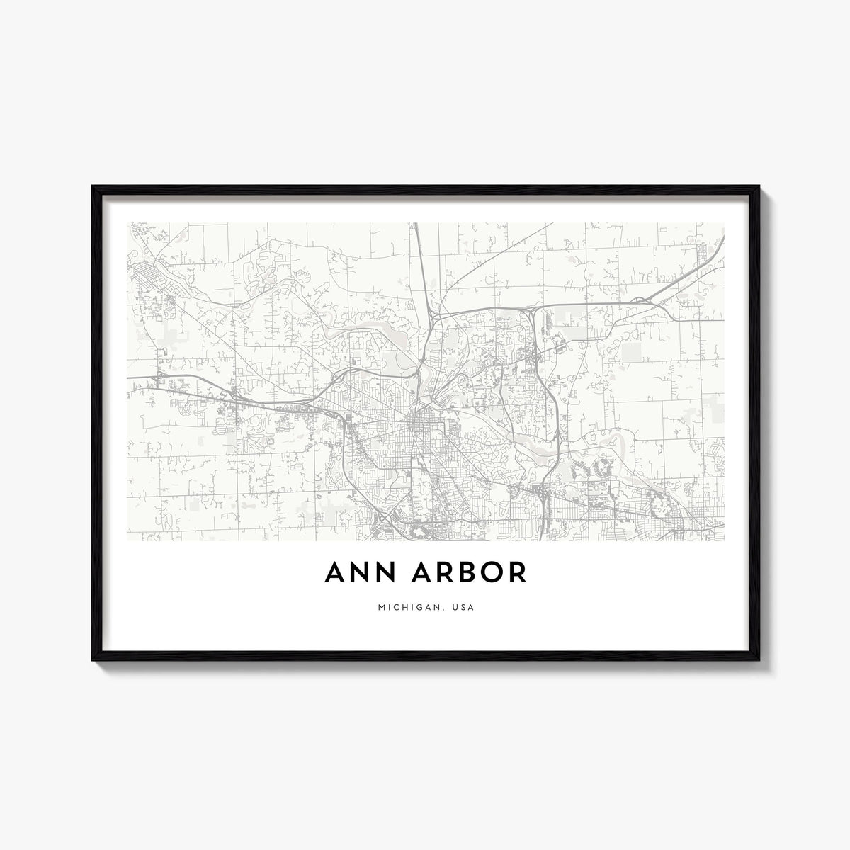 Ann Arbor black & white map poster of Michigan, USA – horizontal wall art, unframed print shown in interior mockup