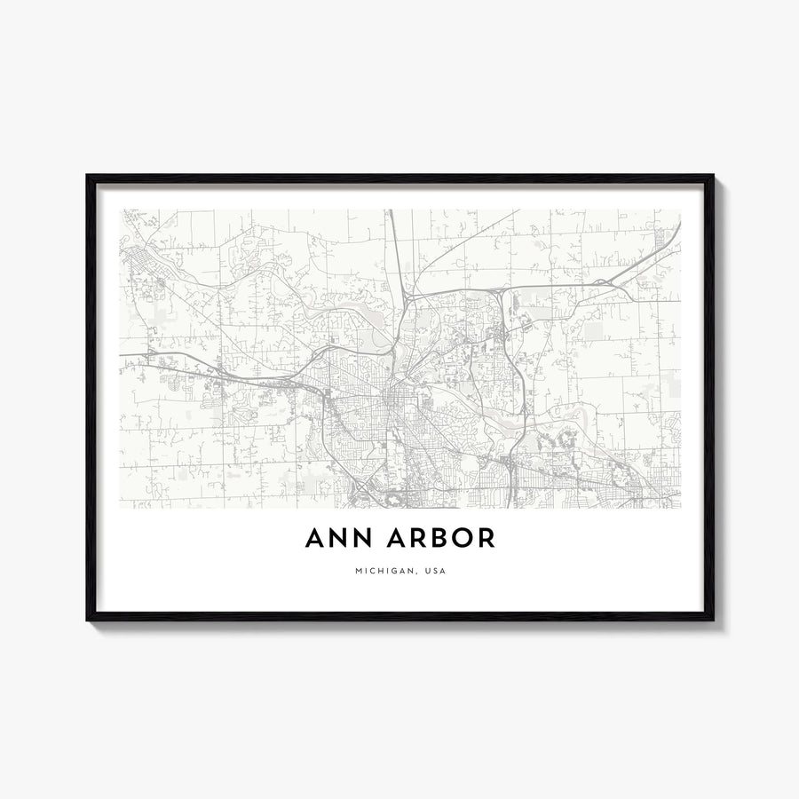 Ann Arbor black & white map poster of Michigan, USA – horizontal wall art, unframed print shown in interior mockup