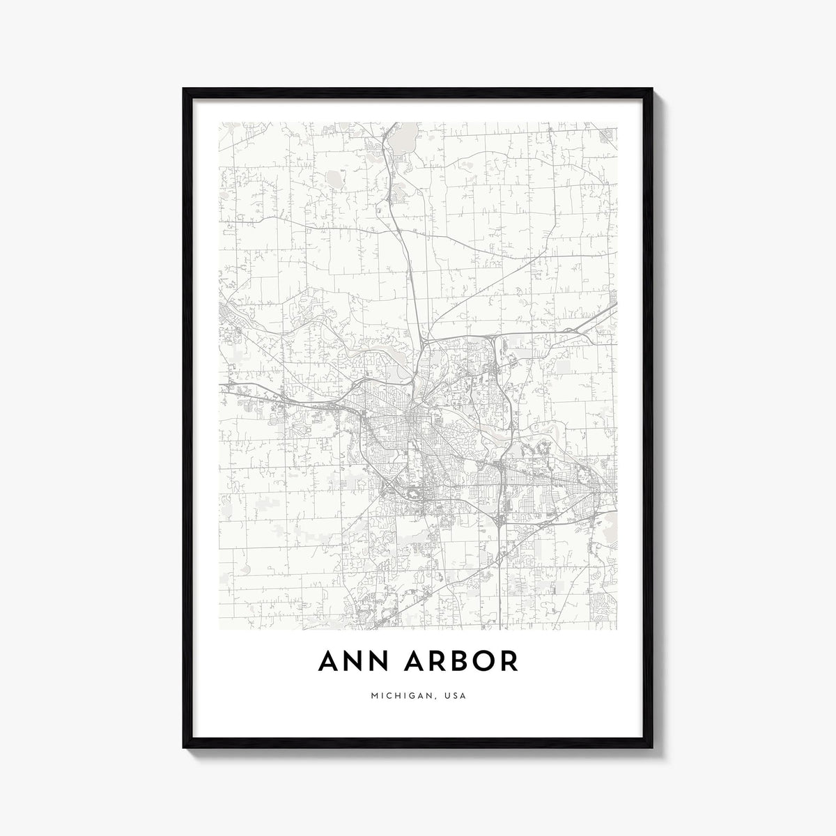 Ann Arbor black & white map poster of Michigan, USA – vertical wall art, unframed print shown in interior mockup