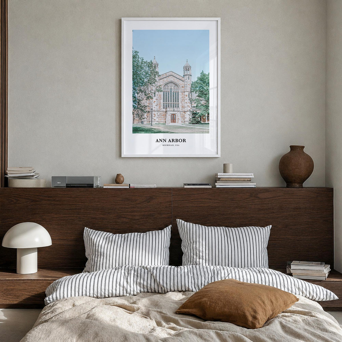 Ann Arbor colorful classic poster of Michigan, USA – vertical wall art in white wood frame, hanging on wall