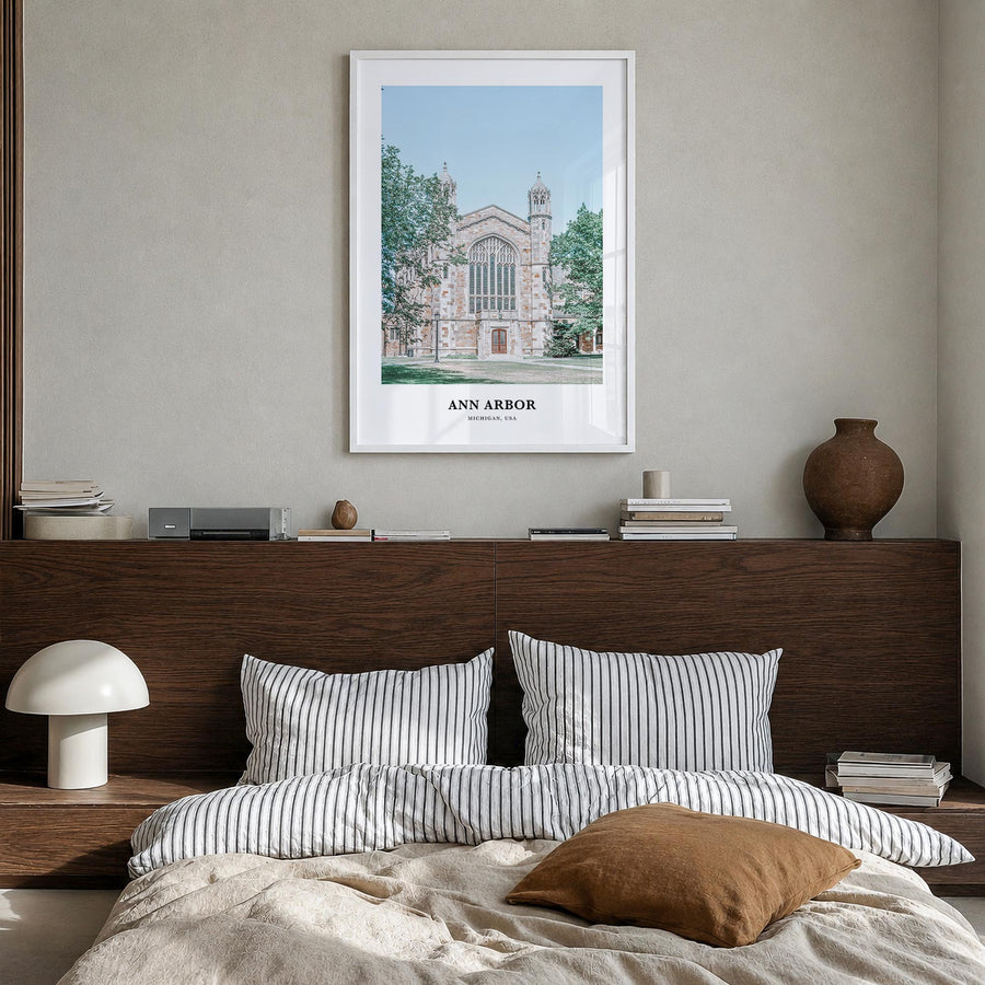 Ann Arbor colorful classic poster of Michigan, USA – vertical wall art in white wood frame, hanging on wall
