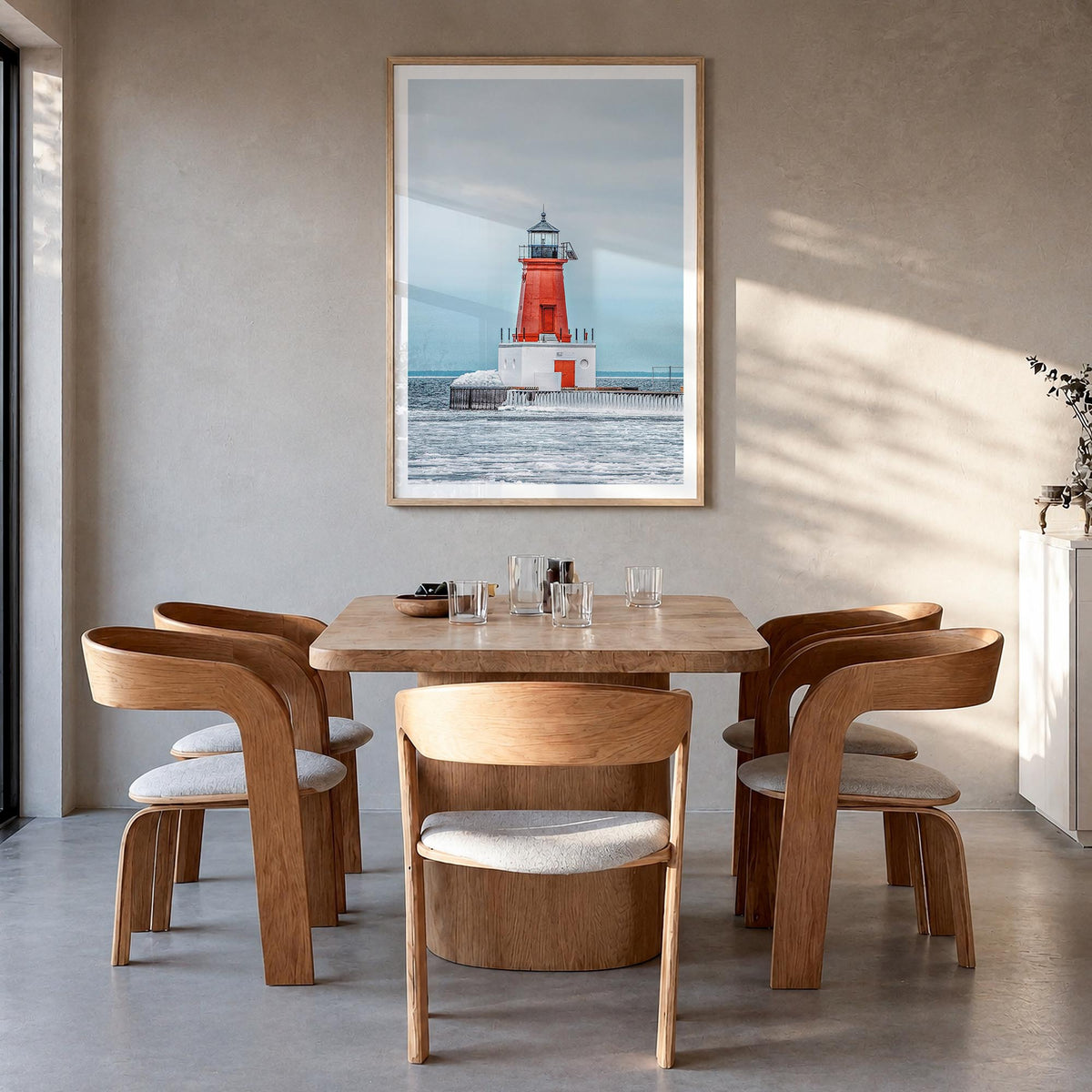Ann Arbor colorful photo poster of Michigan, USA – vertical wall art in natural wood frame with white border, hanging on wall