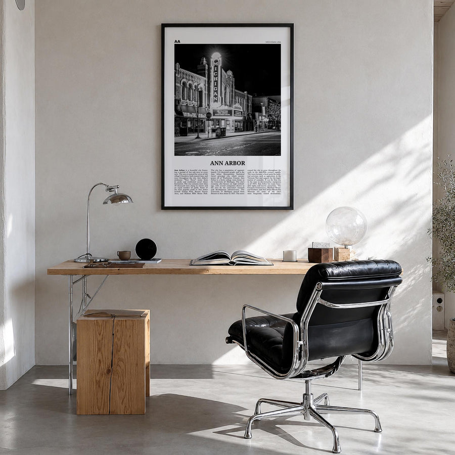 Ann Arbor no. 1 black & white newspaper poster of Michigan, USA – vertical wall art in black wood frame, hanging on wall