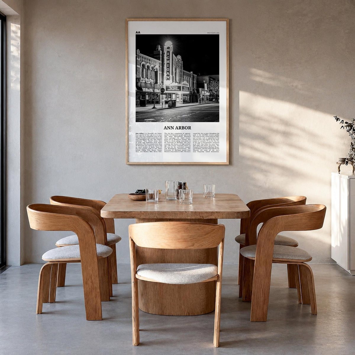 Ann Arbor no. 1 black & white newspaper poster of Michigan, USA – vertical wall art in natural wood frame, hanging on wall