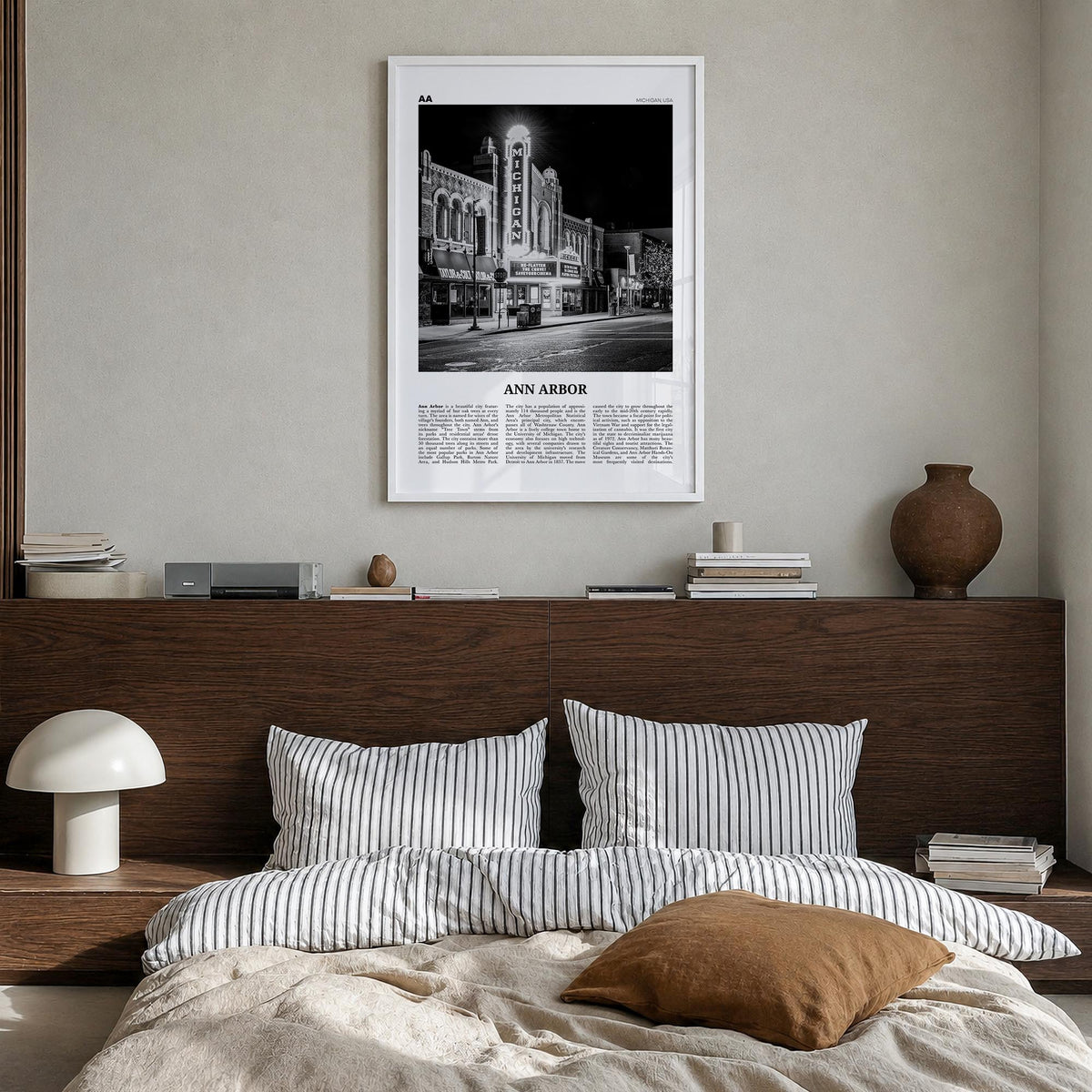 Ann Arbor no. 1 black & white newspaper poster of Michigan, USA – vertical wall art in white wood frame, hanging on wall