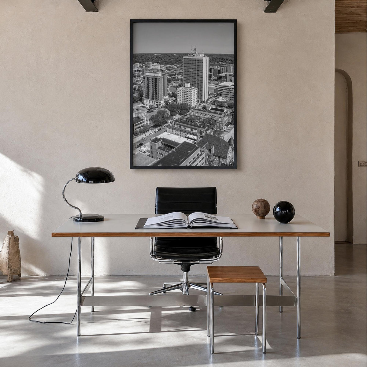 Ann Arbor no. 1 black & white photo poster of Michigan, USA – vertical wall art in black wood frame, hanging on wall