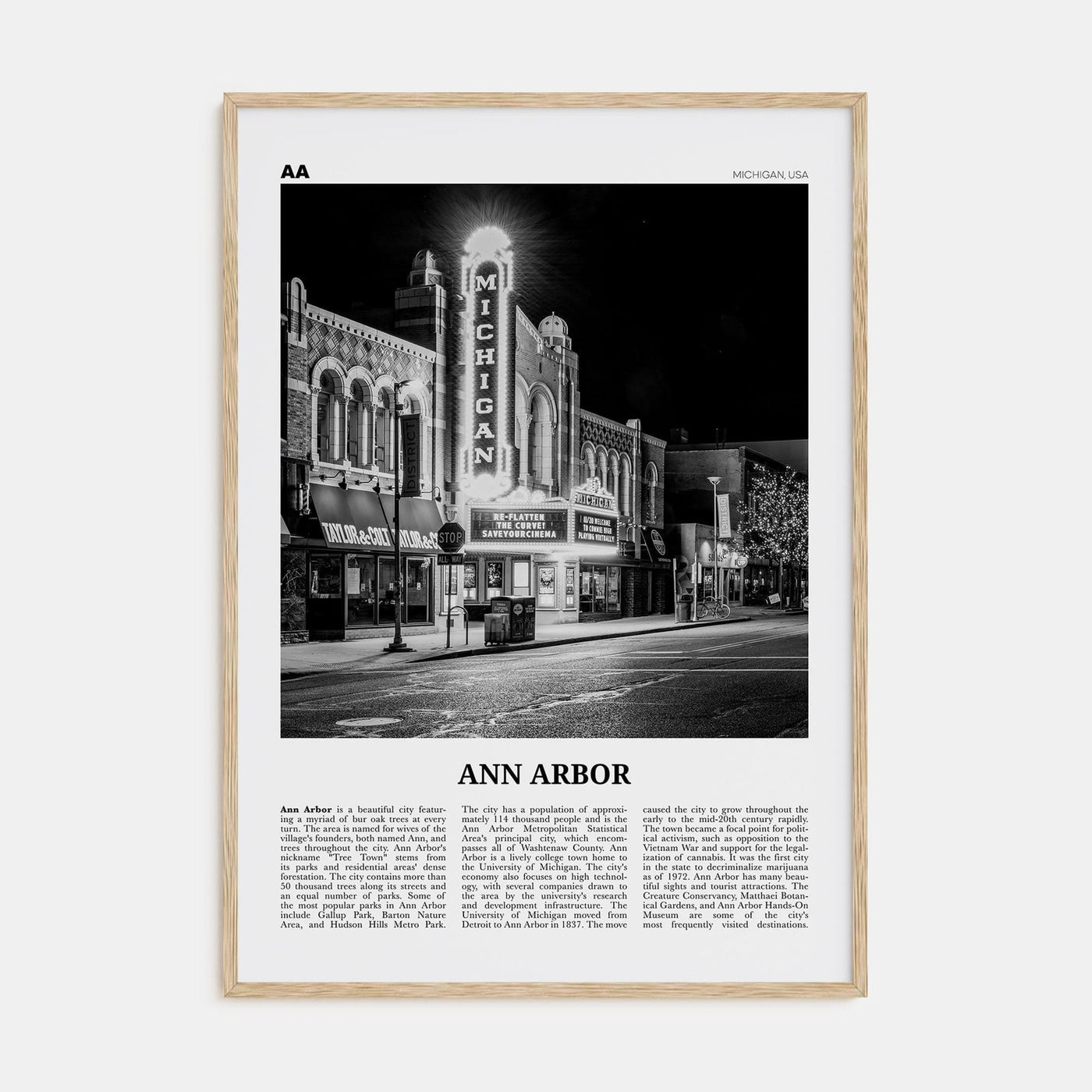 Ann Arbor No 1 Poster Natural Wood / 8x12 in Nbourhood Travel B&W Poster