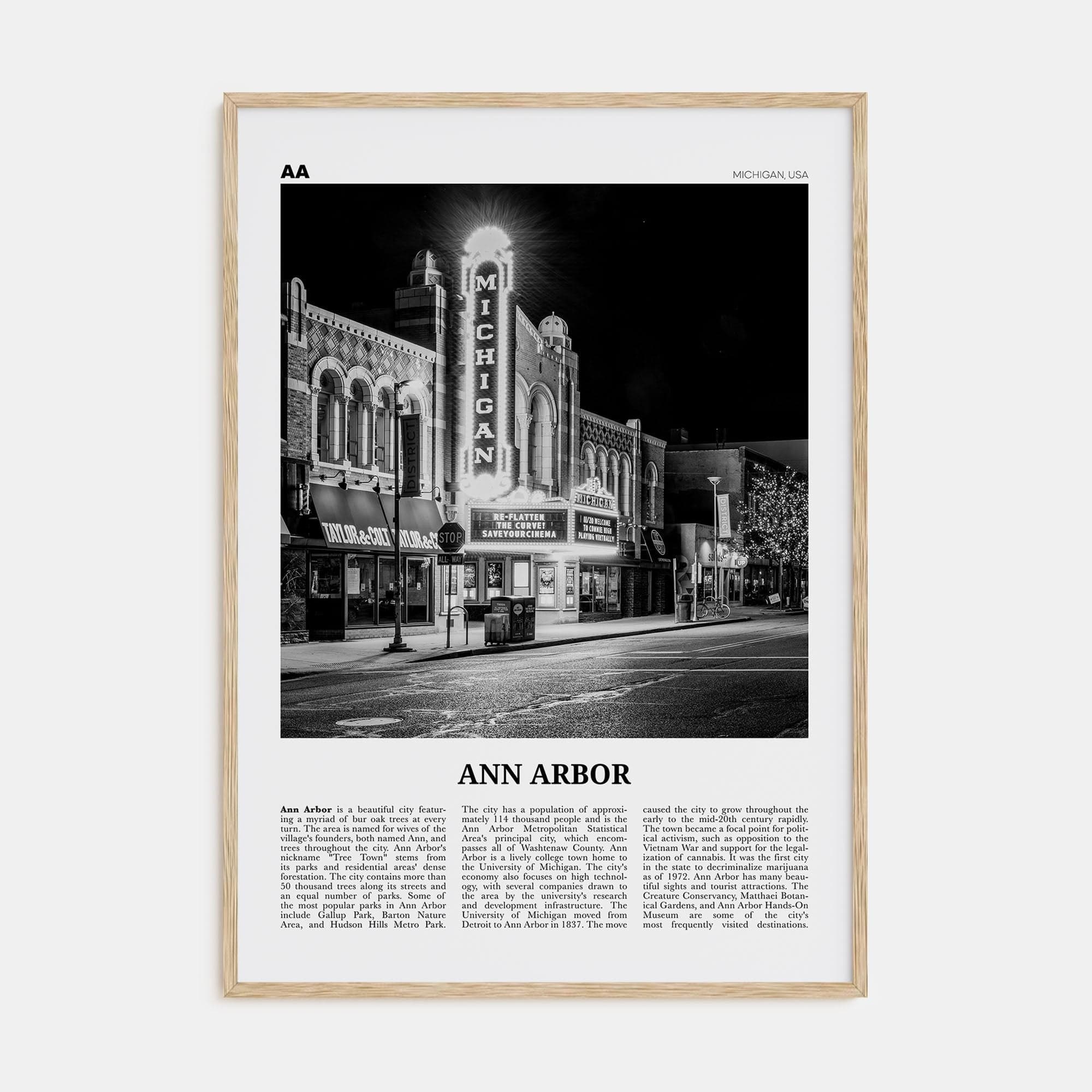 Ann Arbor No 1 Poster Natural Wood / 8x12 in Nbourhood Travel B&W Poster