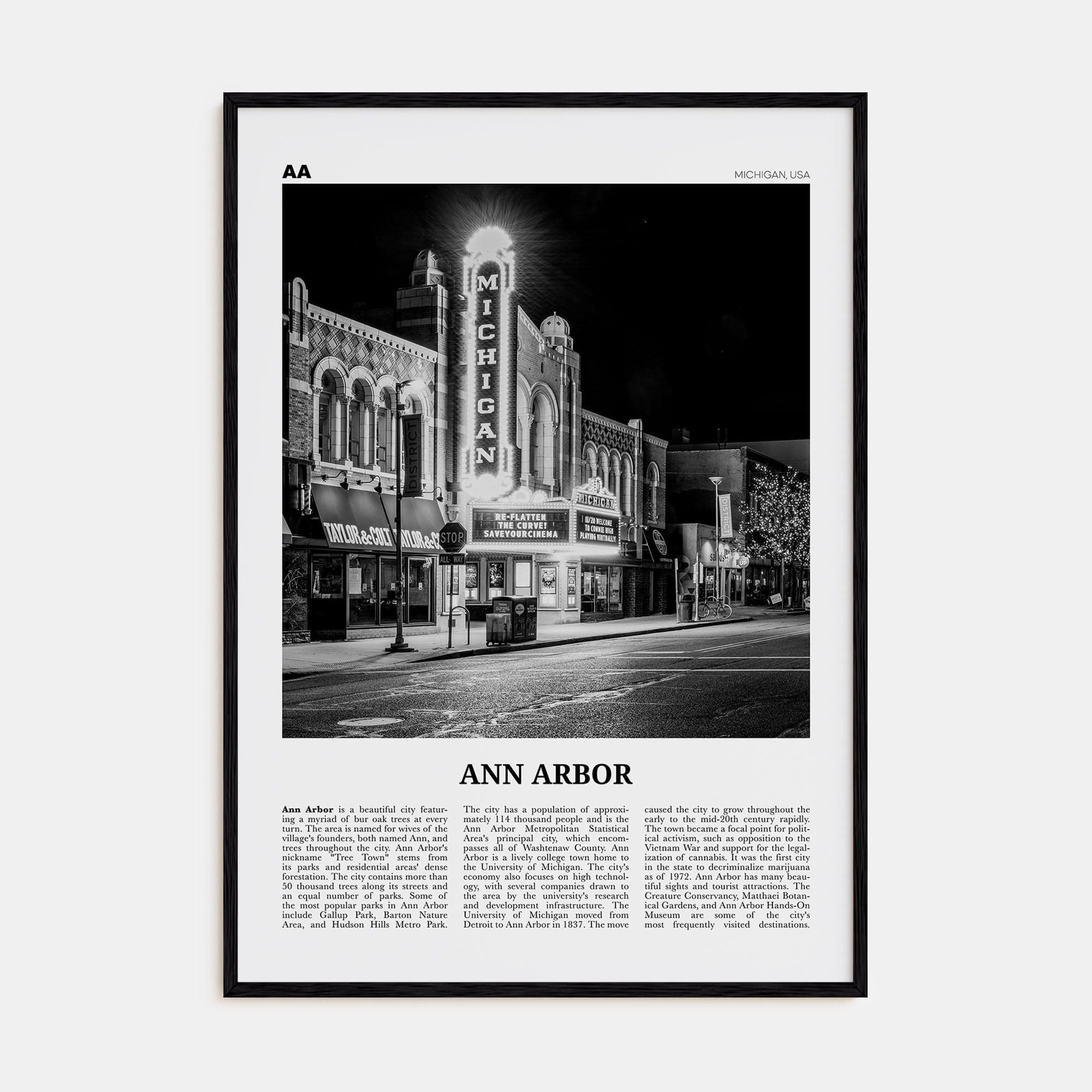 Ann Arbor No 1 Poster Black Wood / 8x12 in Nbourhood Travel B&W Poster