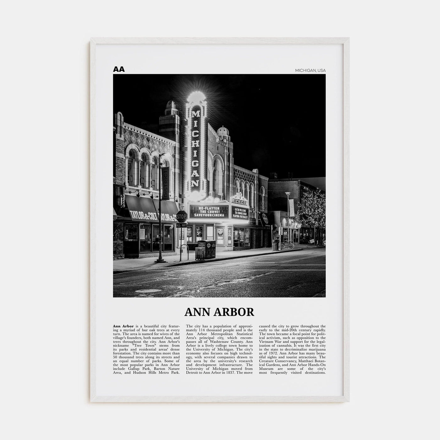 Ann Arbor No 1 Poster White Wood / 8x12 in Nbourhood Travel B&W Poster