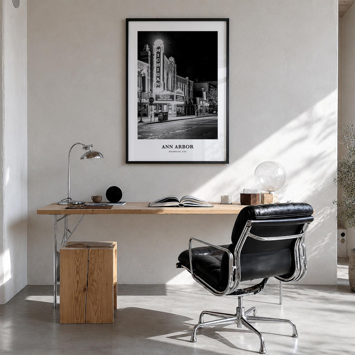 Ann Arbor no. 2 black & white classic poster of Michigan, USA – vertical wall art in black wood frame, hanging on wall