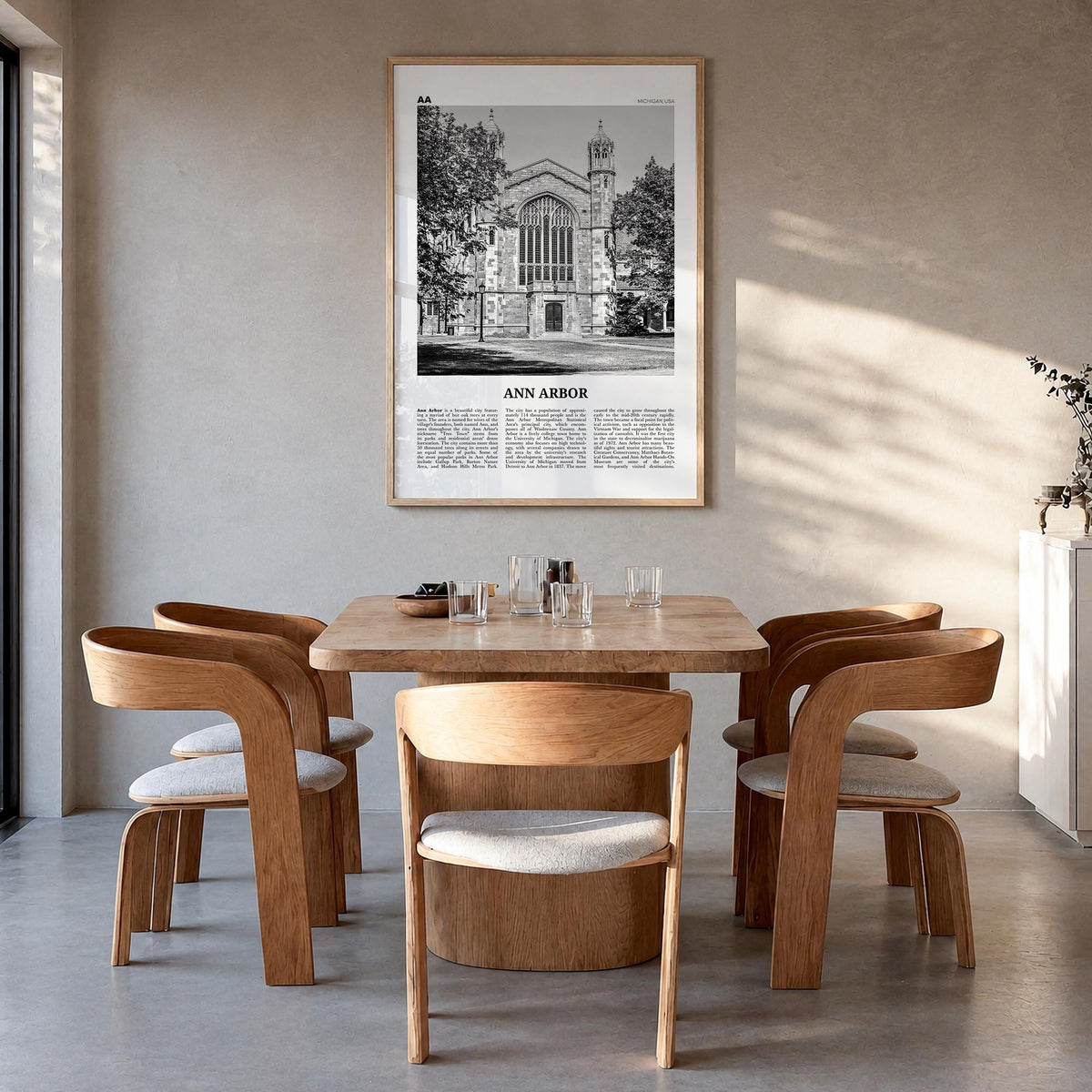 Ann Arbor no. 2 black & white newspaper poster of Michigan, USA – vertical wall art in natural wood frame, hanging on wall