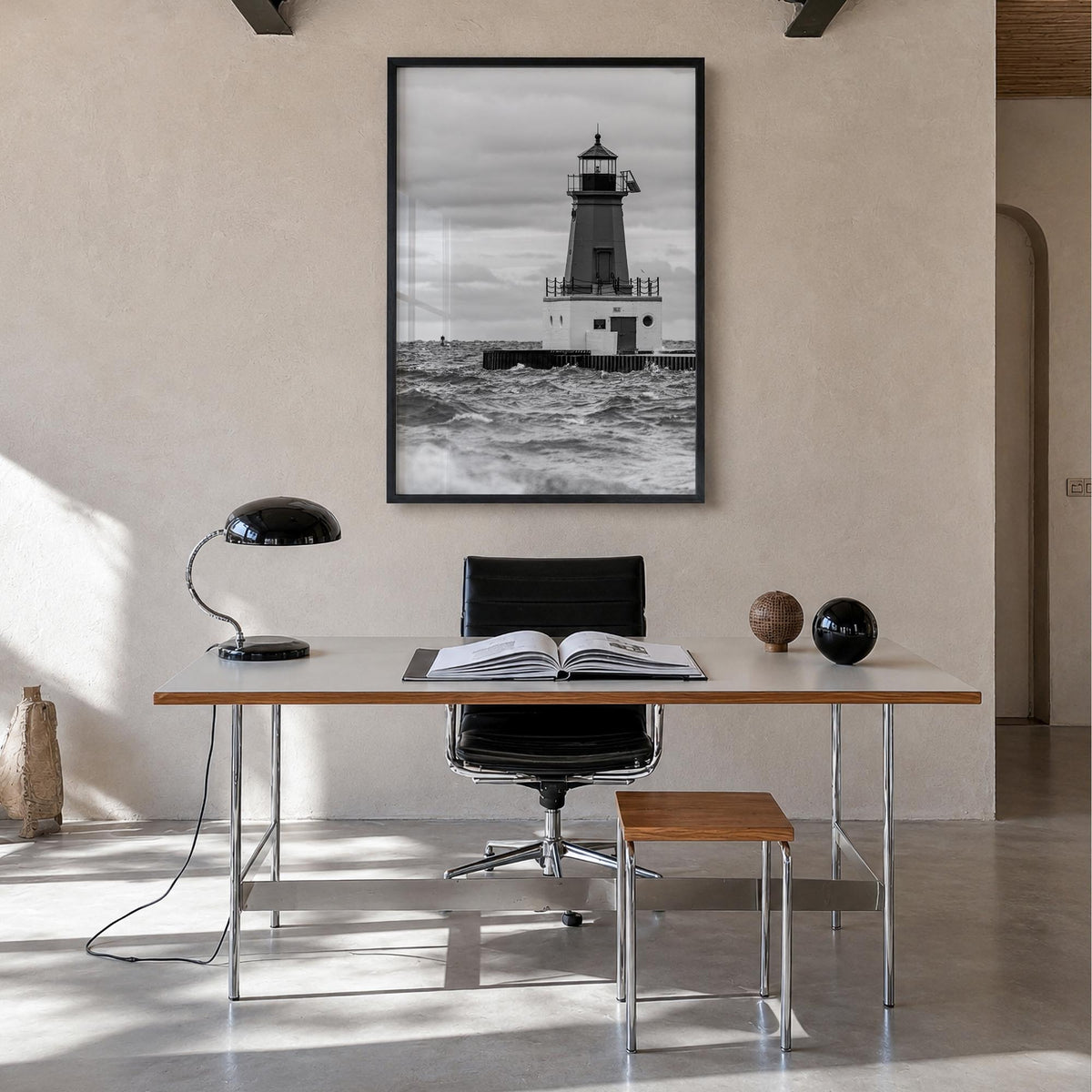 Ann Arbor no. 2 black & white photo poster of Michigan, USA – vertical wall art in black wood frame, hanging on wall
