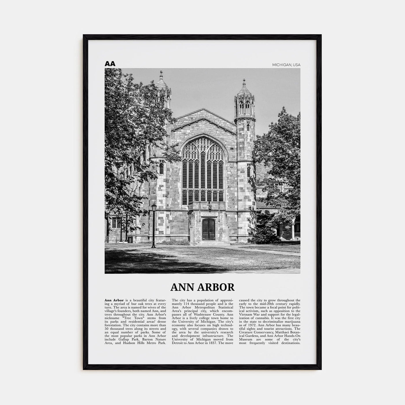 Ann Arbor No 2 Poster Black Wood / 8x12 in Nbourhood Travel B&W Poster