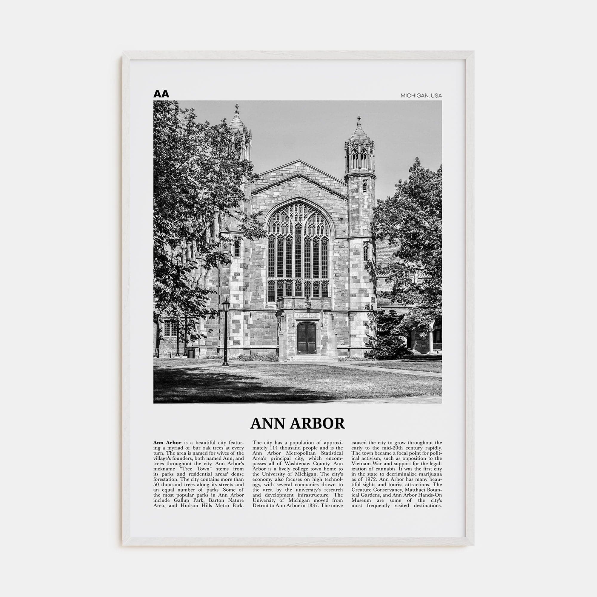 Ann Arbor No 2 Poster White Wood / 8x12 in Nbourhood Travel B&W Poster