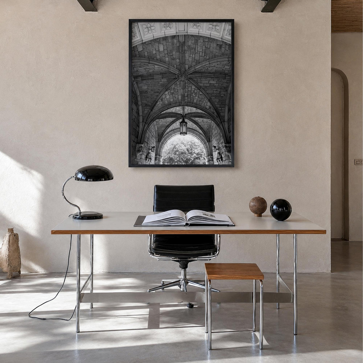 Ann Arbor no. 3 black & white photo poster of Michigan, USA – vertical wall art in black wood frame, hanging on wall