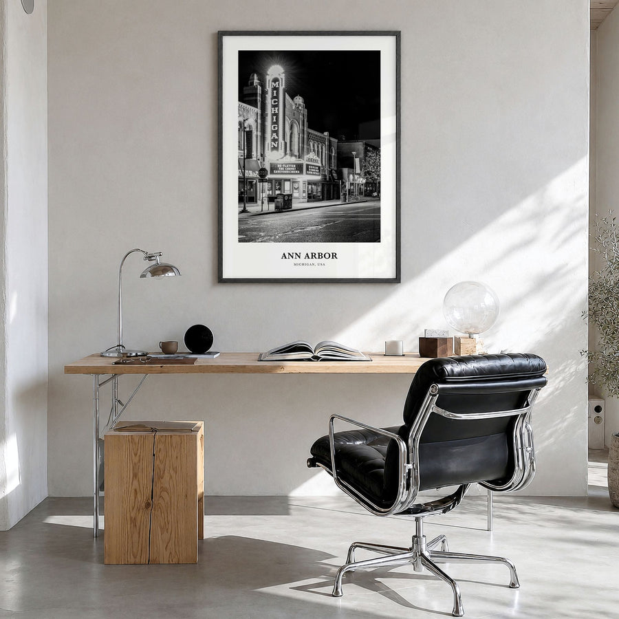 Ann Arbor Classic No 2 Poster in a black wood frame, hanging in a bright home office