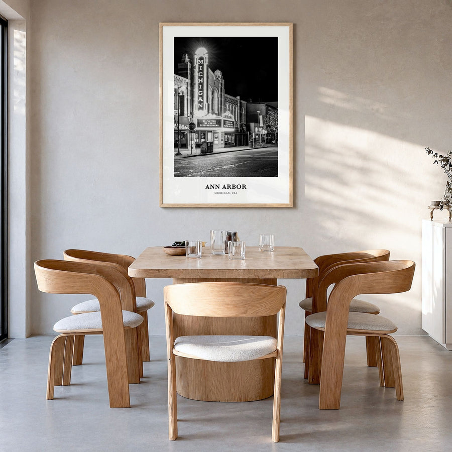 Ann Arbor Classic No 2 Poster in a natural wood frame, hanging in a dining room