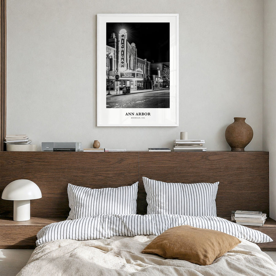 Ann Arbor Classic No 2 Poster in a white wood frame, hanging in a bedroom
