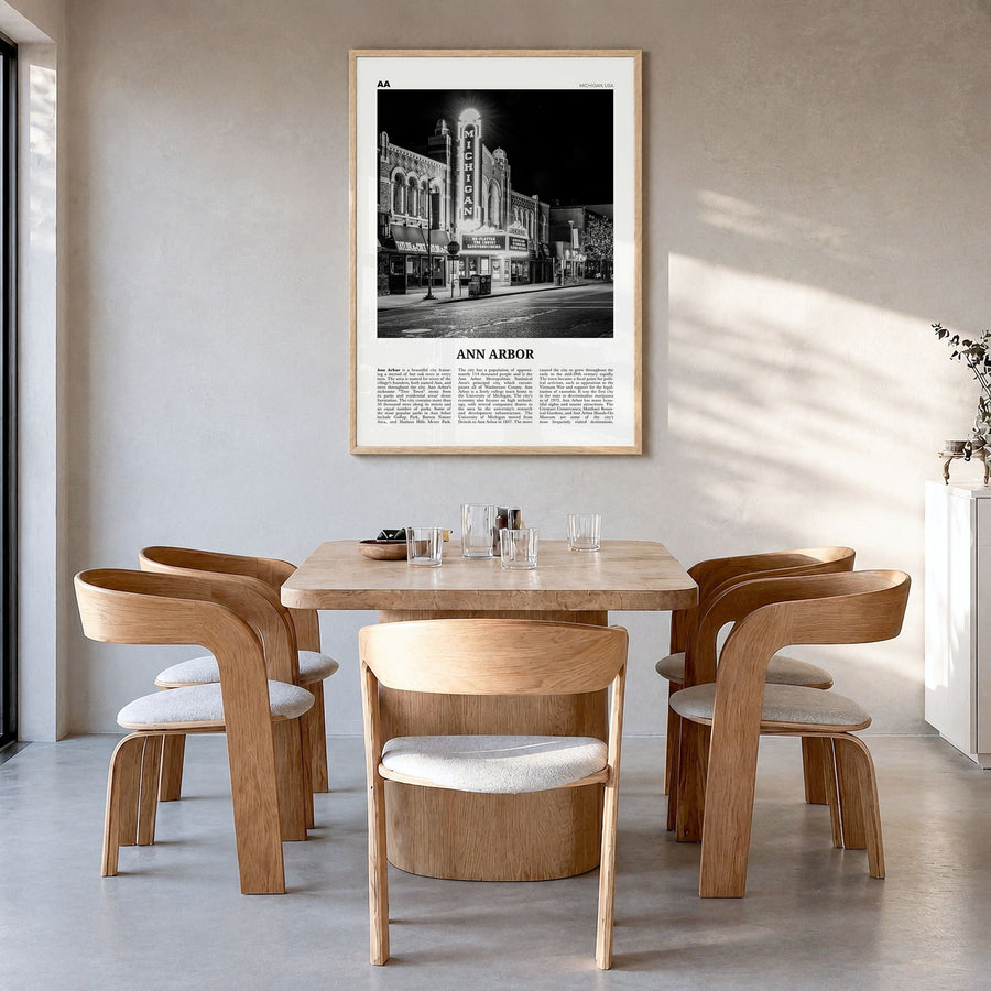 Ann Arbor Newspaper No 1 Poster in a natural wood frame, hanging in a dining room