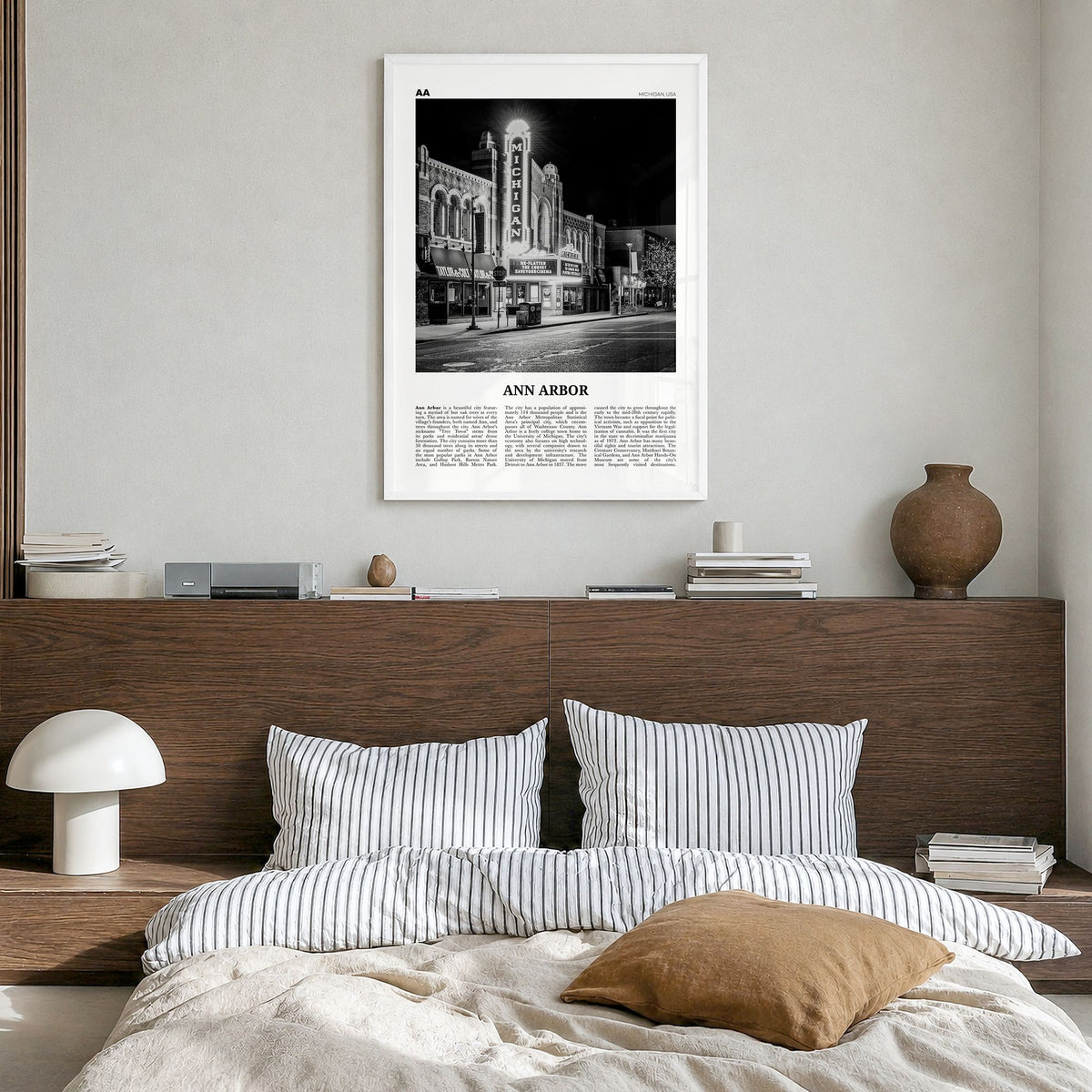Ann Arbor Newspaper No 1 Poster in a white wood frame, hanging in a bedroom