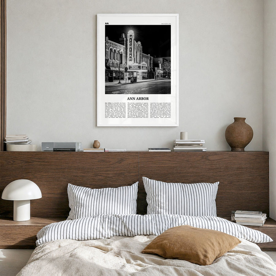 Ann Arbor Newspaper No 1 Poster in a white wood frame, hanging in a bedroom