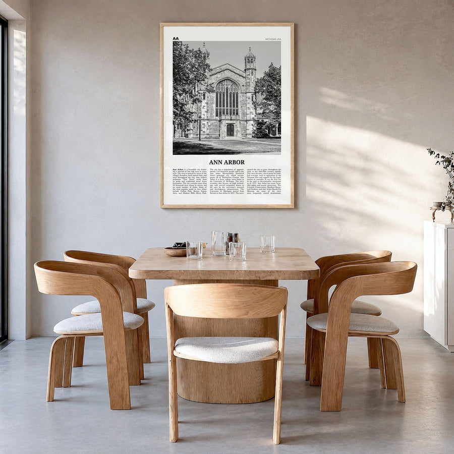 Ann Arbor Newspaper No 2 Poster in a natural wood frame, hanging in a dining room