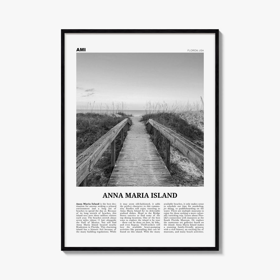 Anna Maria Island black & white newspaper poster of Florida, USA – vertical wall art, unframed print shown in interior mockup