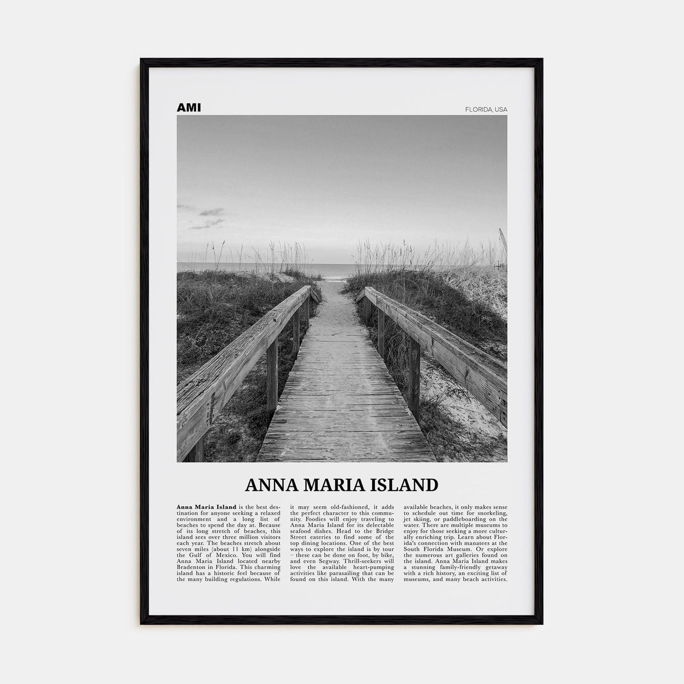 Anna Maria Island Poster Black Wood / 8x12 in Nbourhood Travel B&W Poster