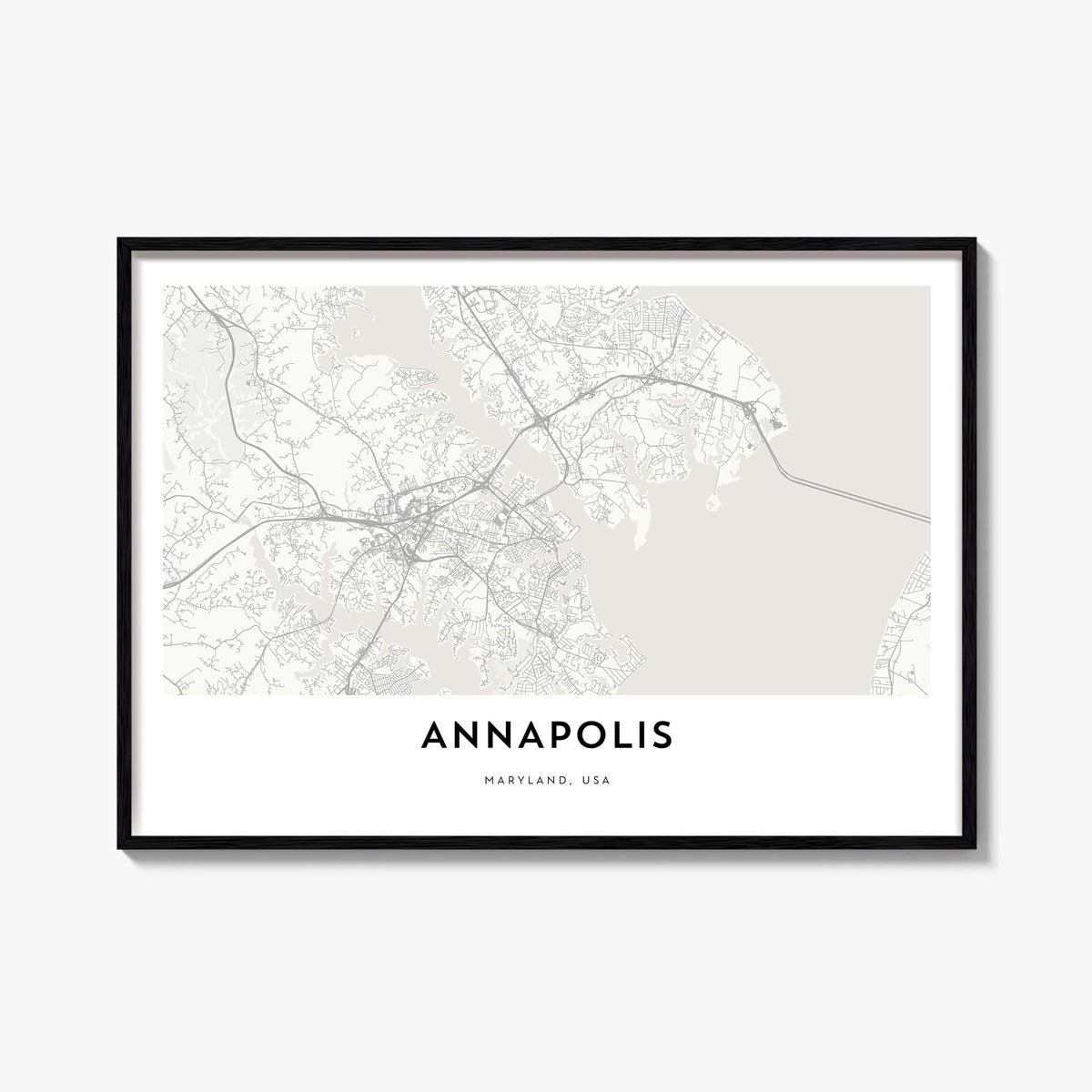 Annapolis black & white map poster of Maryland, USA – horizontal wall art, unframed print shown in interior mockup