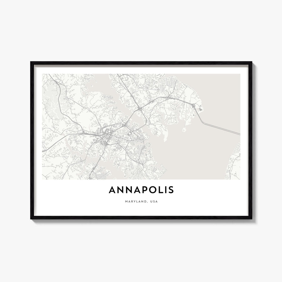 Annapolis black & white map poster of Maryland, USA – horizontal wall art, unframed print shown in interior mockup