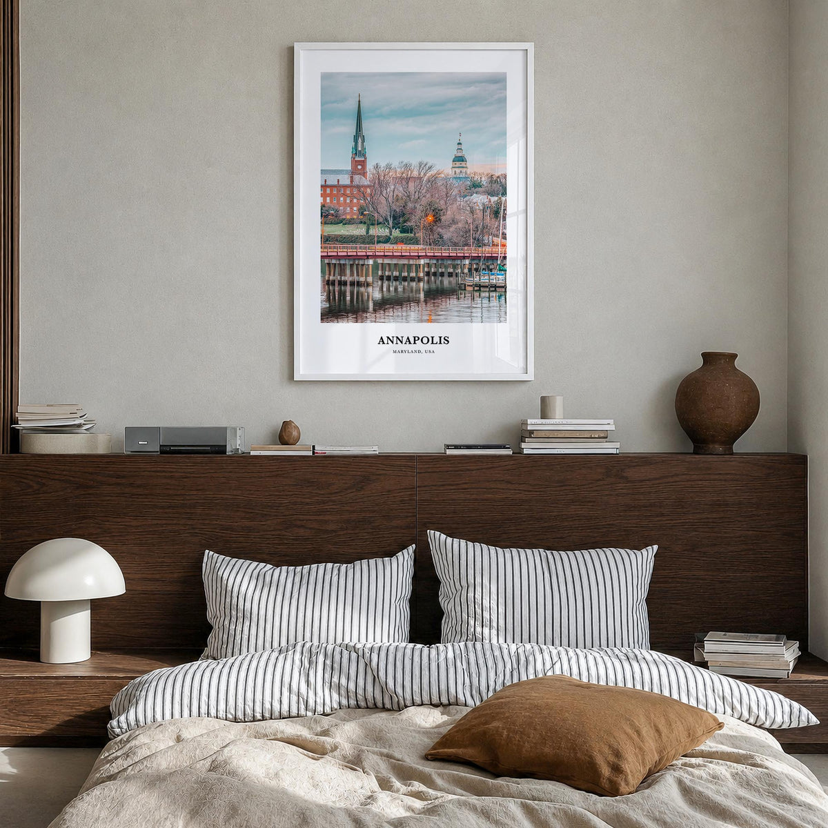 Annapolis colorful classic poster of Maryland, USA – vertical wall art in white wood frame, hanging on wall