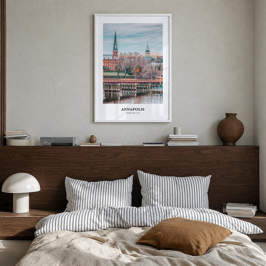 Annapolis colorful classic poster of Maryland, USA – vertical wall art in white wood frame, hanging on wall