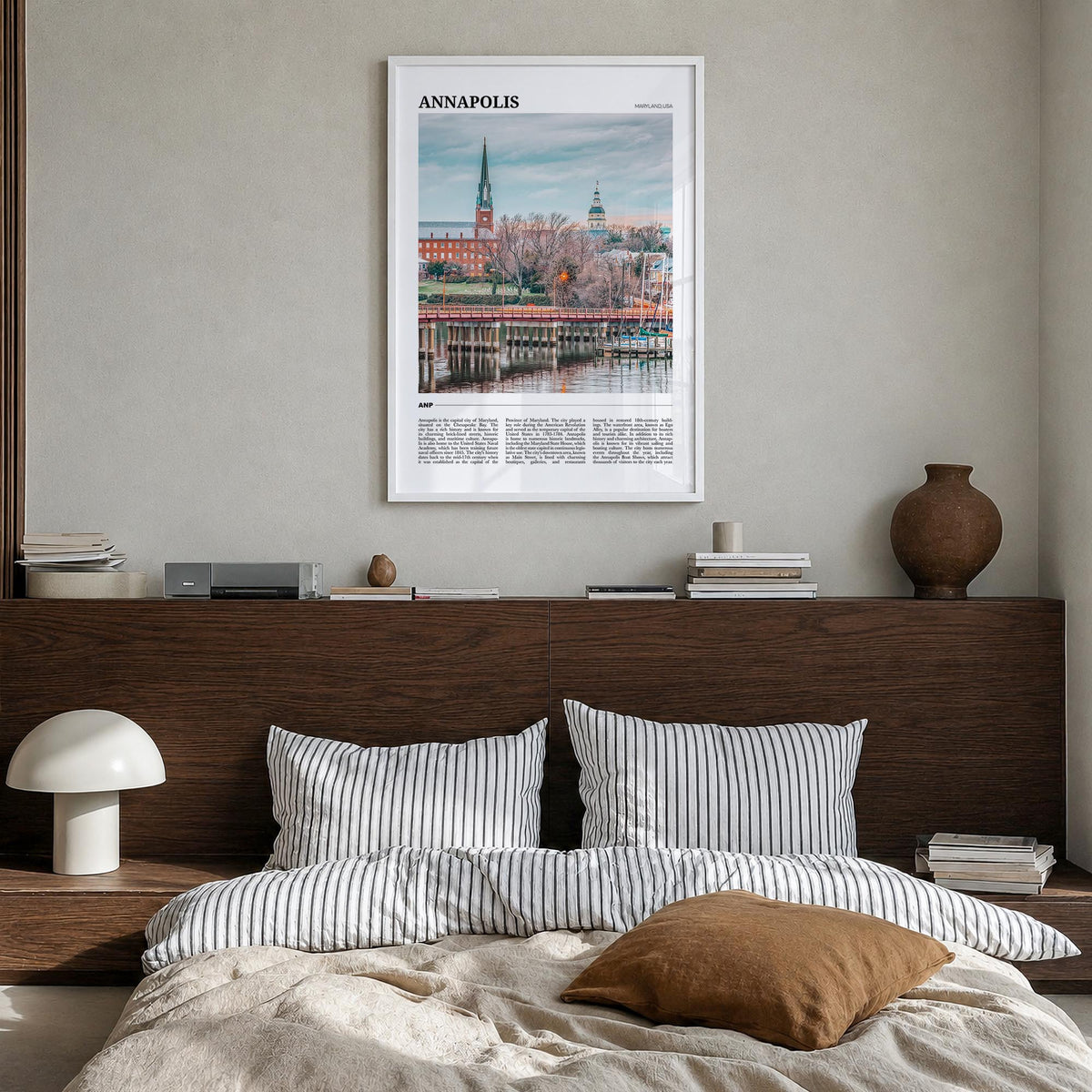 Annapolis colorful travel poster of Maryland, USA – vertical wall art in white wood frame, hanging on wall