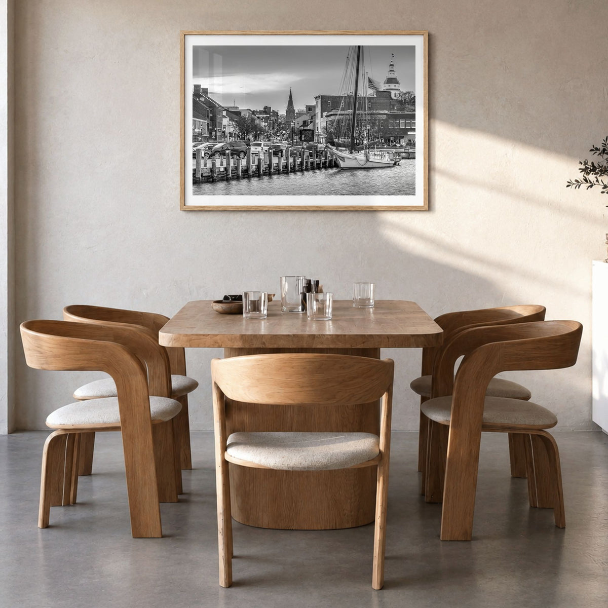 Annapolis Photo Poster in a natural wood frame, hanging in a dining room, white border
