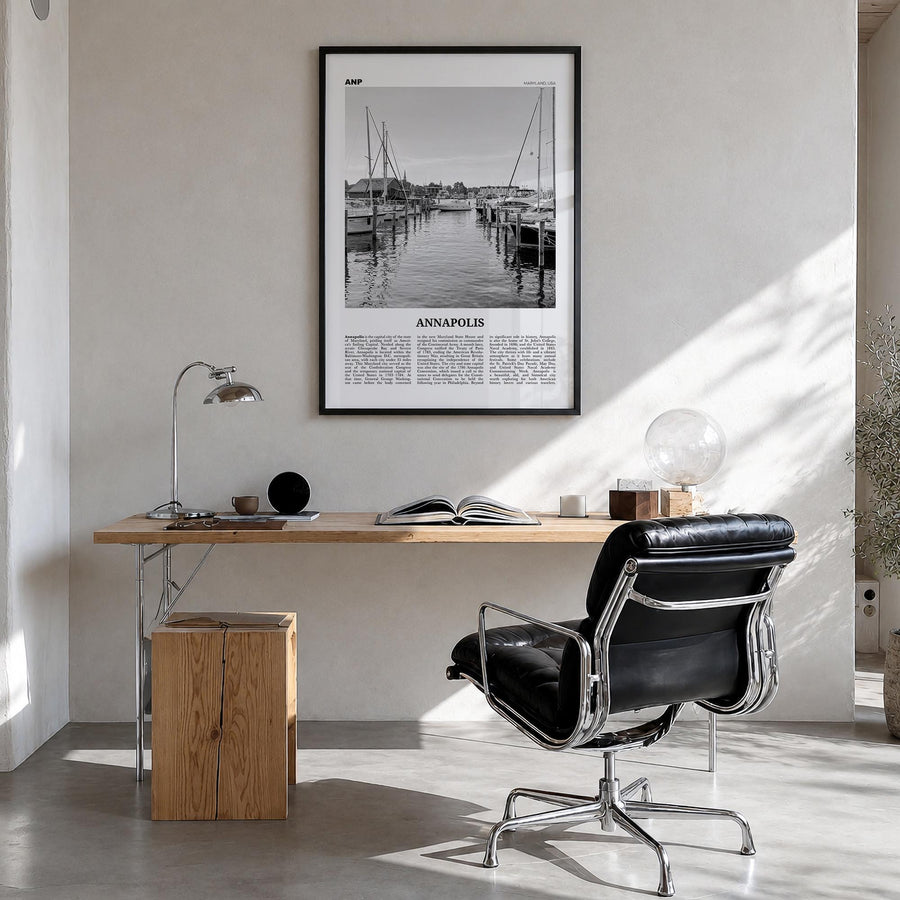 Annapolis no. 1 black & white newspaper poster of Maryland, USA – vertical wall art in black wood frame, hanging on wall